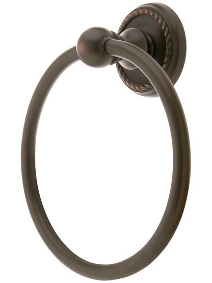 Brass Towel Ring with Rope Rosette in Oil Rubbed Bronze.